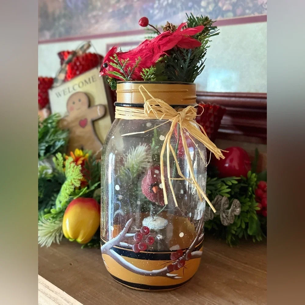Vintage 1994 Handcrafted Holiday Mason Jar Decor with Red Cardinals